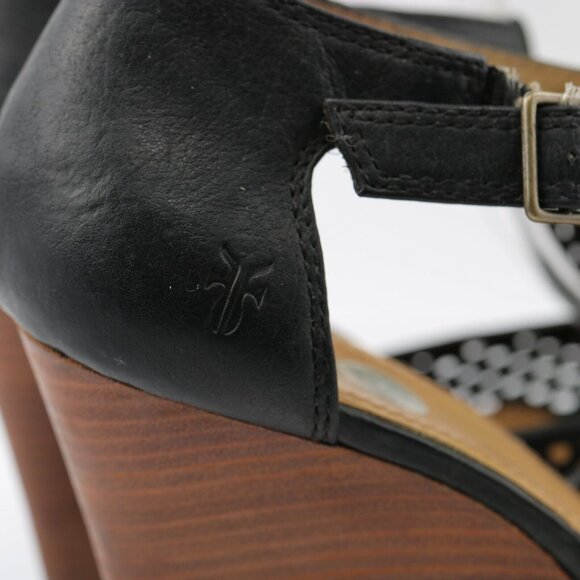 Frye Womens Gwen Sandal Size 9.5 Black Leather Woven T-Strap Wedge Heel Peep Toe - Picture 4 of 12